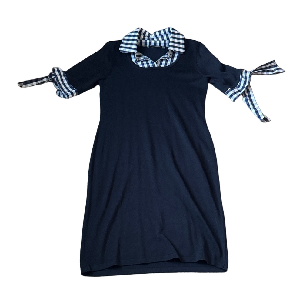 Nina Leonard Navy Gingham Trim Dress SIZE M